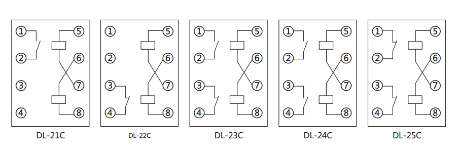 DL-22C系列電流繼電器內部接線及外引接線（正視圖）